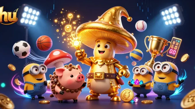 The golden mushroom wizard enchants the realm of hu, surrounded by treasures flying in vibrant sports energy.