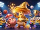 The golden mushroom wizard enchants the realm of hu, surrounded by treasures flying in vibrant sports energy.