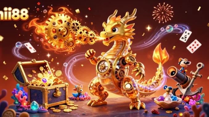 Experience thrilling gaming at hii88 with our golden dragon and treasure-filled scene.