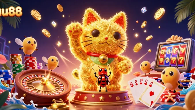 Experience the thrill of uu88 with a vibrant lucky cat illustration featuring cascading coins and casino elements.