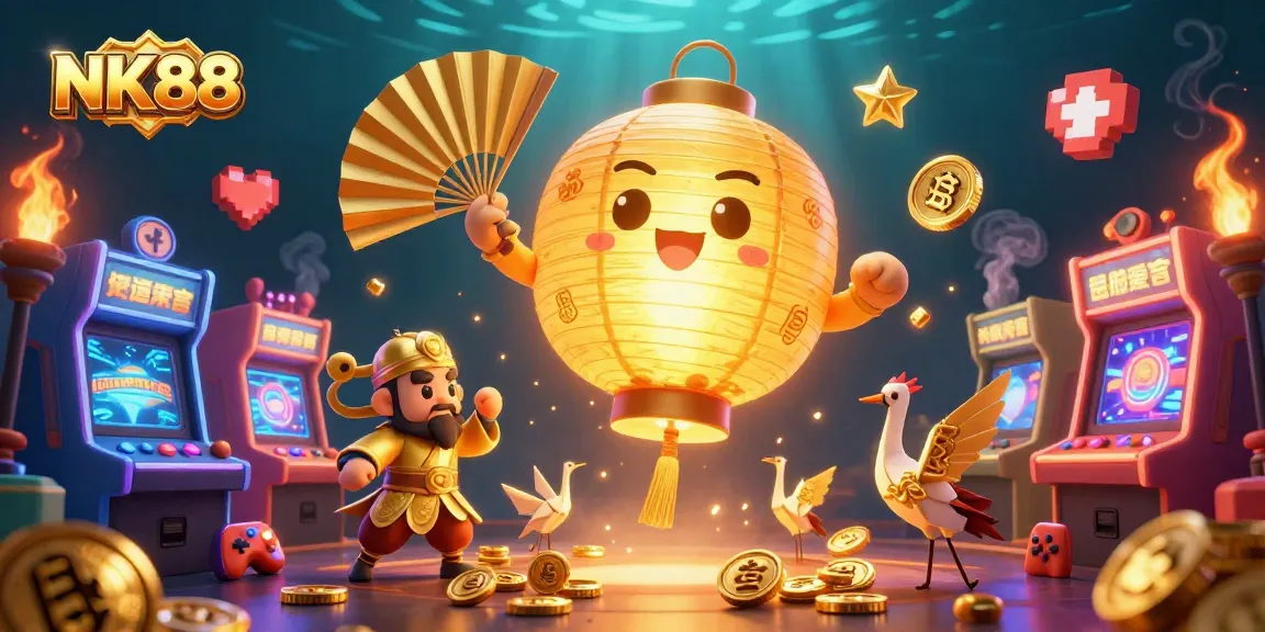 Engage in thrilling gameplay at NK88, where golden lanterns and arcade machines create a vibrant casino atmosphere.