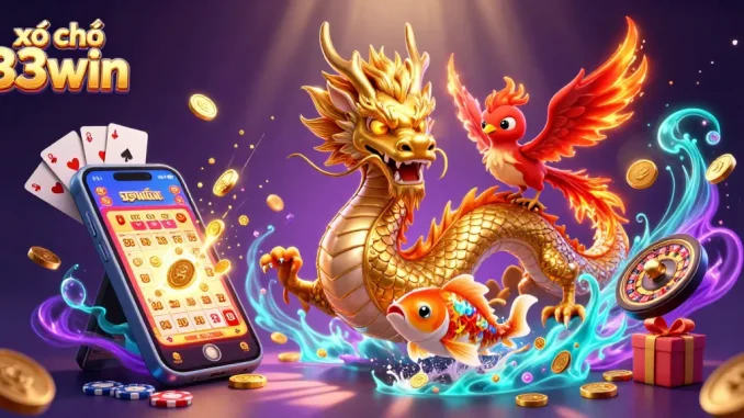 Experience the excitement of xổ số 33win with a fierce dragon, phoenix, and koi fish amid lottery vibes.