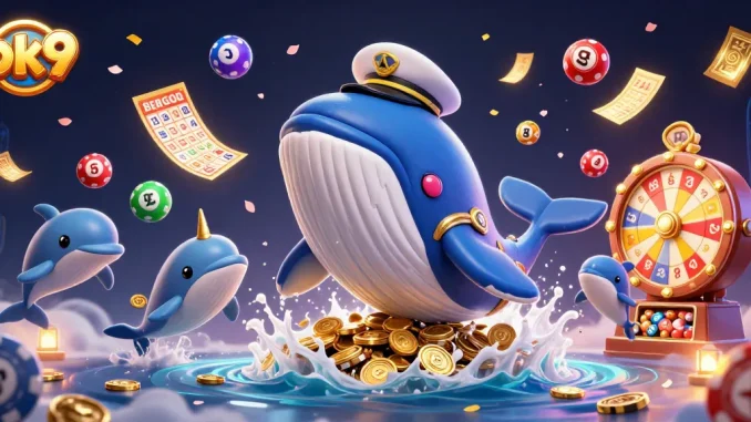 Experience winning with ok9 in a vibrant 3D casino scene featuring a whale, narwhal, and dolphins.