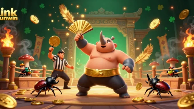 Engage with the thrill of winning at link sunwin featuring a dynamic beetle sumo champion amidst a vibrant casino atmosphere.