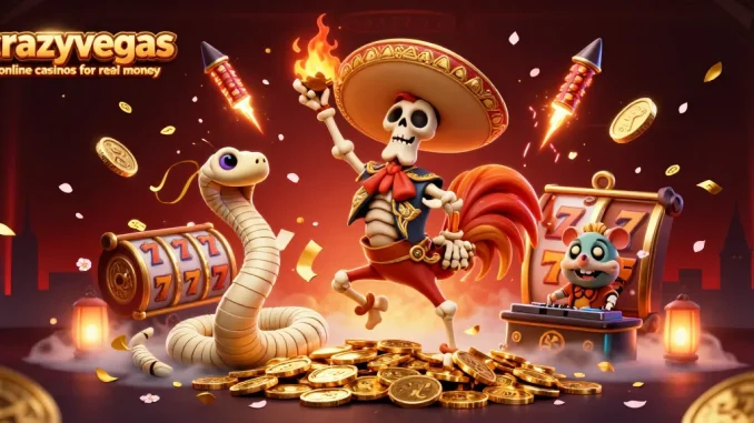 Experience excitement with crazyvegas online casinos for real money amidst dynamic slot scenes featuring festive characters.