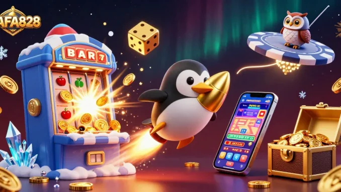 FAFA828 gambling illustration featuring a golden penguin rocket, dynamic slot machine, and casino elements.
