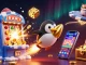 FAFA828 gambling illustration featuring a golden penguin rocket, dynamic slot machine, and casino elements.