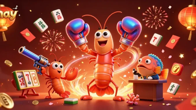 Win big with hay in this vibrant 3D casino scene featuring a animated mantis shrimp and festive gambling elements.