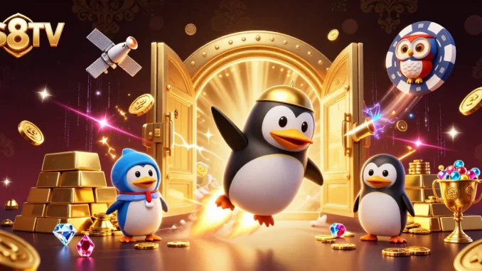 S8TV engages players with a vibrant visual of a golden penguin and treasure in an exciting casino universe.