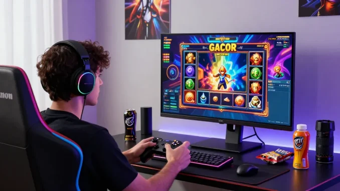 Player enjoying slot gacor gaming experience at modern setup with vibrant graphics.