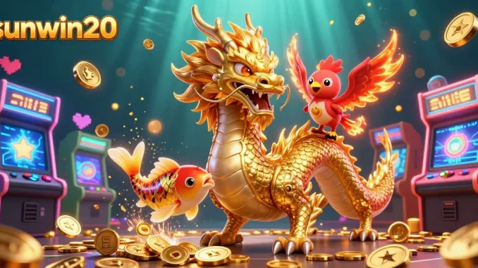 Engage with sunwin20's vibrant casino environment showcasing a golden dragon, phoenix, and koi in action.