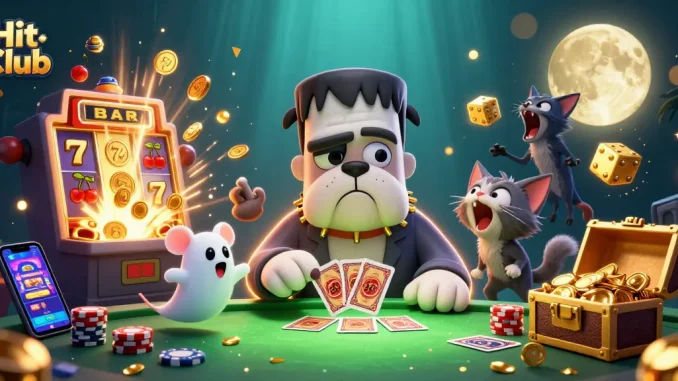 Hit Club gaming scene featuring a 3D bulldog dealing cards amidst jackpots and colorful coins.