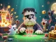 Hit Club gaming scene featuring a 3D bulldog dealing cards amidst jackpots and colorful coins.