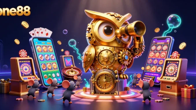 one88 illustrates a golden owl surveying a vibrant casino with slot games and scattered poker chips.