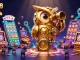one88 illustrates a golden owl surveying a vibrant casino with slot games and scattered poker chips.
