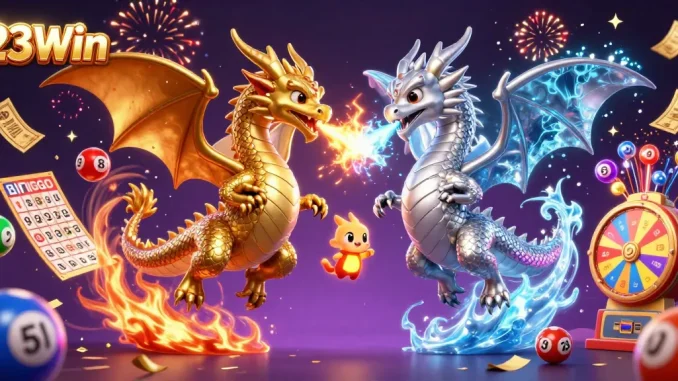 Experience thrilling gaming at 23Win, featuring dynamic dragons and vibrant lottery elements in a colorful casino scene.